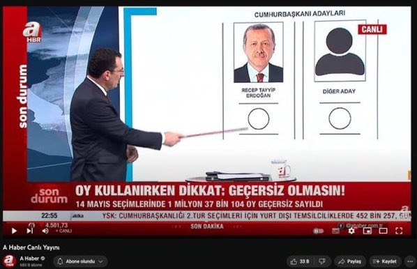 selinturkerr's tweet photo. Det tyrkiske medie A Haber er i fuld gang med at forklare hvordan man stemmer til valget den 28. maj. 

Men i stedet for at bruge både Erdogan og Kilicdaroglus billede og navn, så har de fjernet Kilicdaroglus billede og skrevet ‘den anden kandidat’ i stedet for. https://t.co/i5zCEbIAdB
