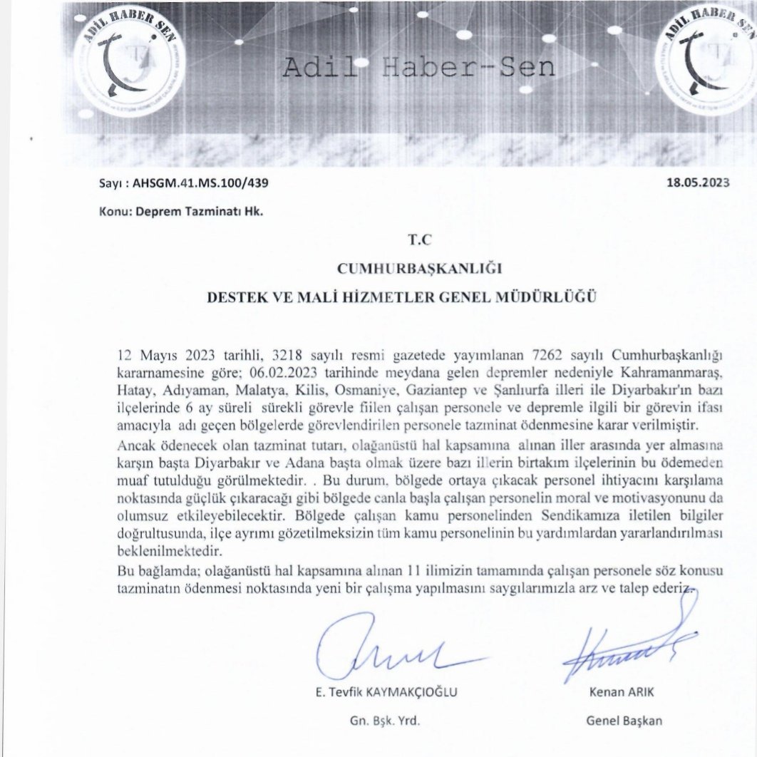 Adil Haber-Sen olarak, depremden etkilenen 11 ilde depremle ilgili görevleri ifa eden personele, Cumhurbaşkanlığı kararnamesi ile ödenmesi kararlaştırılan tazminatın ilçe ayrımı gözetmeksizin tüm görevli personele ödenmesini talep ettik.
#AdilHaberSen
#DeğişimSeninleBaşlar

🇹🇷✊