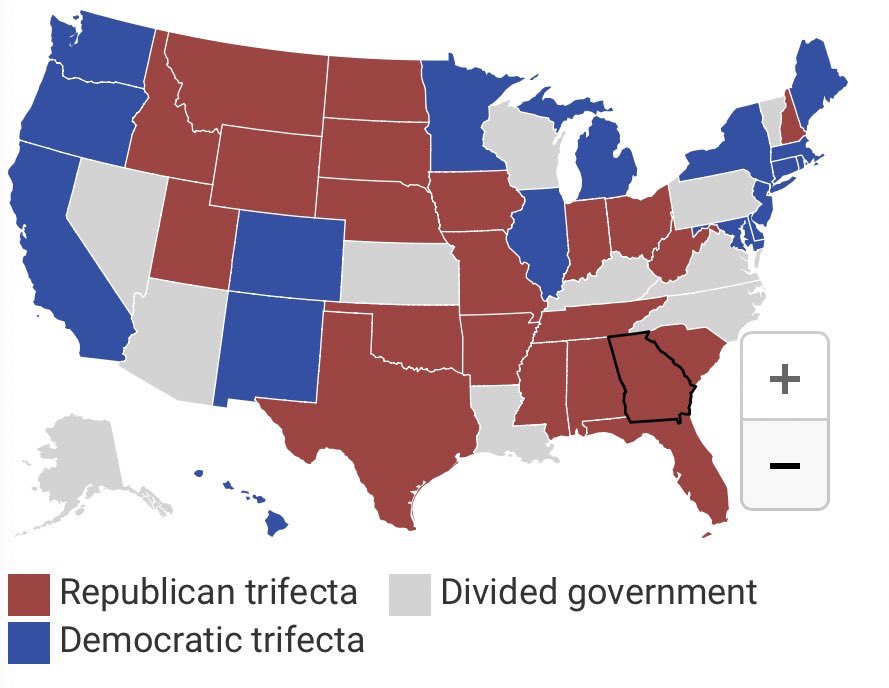 AndrewYang's tweet photo. One party runs all 3 branches of government in 75% of the country. They say it’s a 2-party system; it’s actually a 1-party system for most of us. Most Americans don’t have a meaningful choice in who is representing them. That’s what @Fwd_Party is designed to change. https://t.co/0F2aE5g0Ca