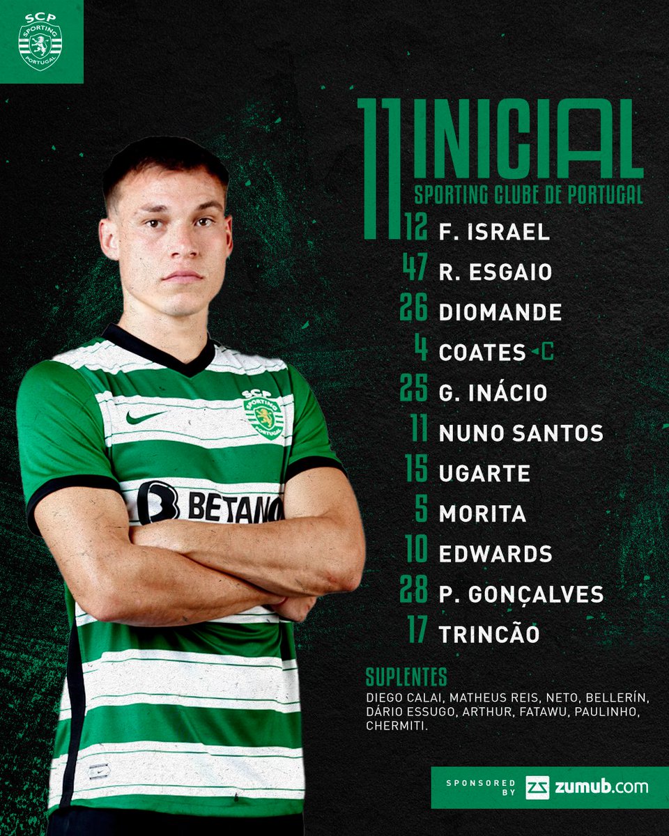 SportingCP's tweet photo. Este é o nosso 𝐎𝐍𝐙𝐄 𝐈𝐍𝐈𝐂𝐈𝐀𝐋 para o dérbi 🟢⚪️

#SCPSLB #LineUpSCP #DiaDeSporting https://t.co/p0bBBjK2NF