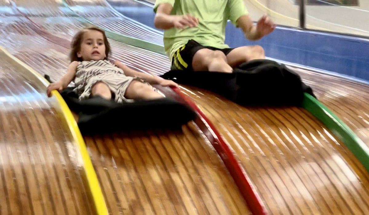 She was determined to conquer the old Fun House slide inside the <a href="/arnolds_park/">Arnolds Park Amusement Park</a> museum.

She won &amp; beat her brother to the bottom.