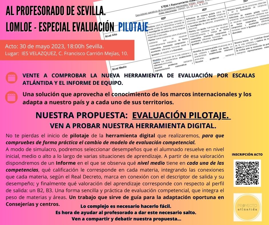 PAtlantida's tweet photo. 📣 Todavía hay plazas libres
👉 Cómo diseñar situaciones aprendizaje #Lomloe. Programar en modelo competencial y evaluar desempeños
🗓️30 de mayo-18:00h
📍IES VELÁZQUEZ. C. Francisco Carrión Mejías, 10. #Sevilla
📙Entrega Materiales Lomloe II
✏️Inscríbete: https://t.co/SyrZoAXF3I https://t.co/qyZUvrOgBq