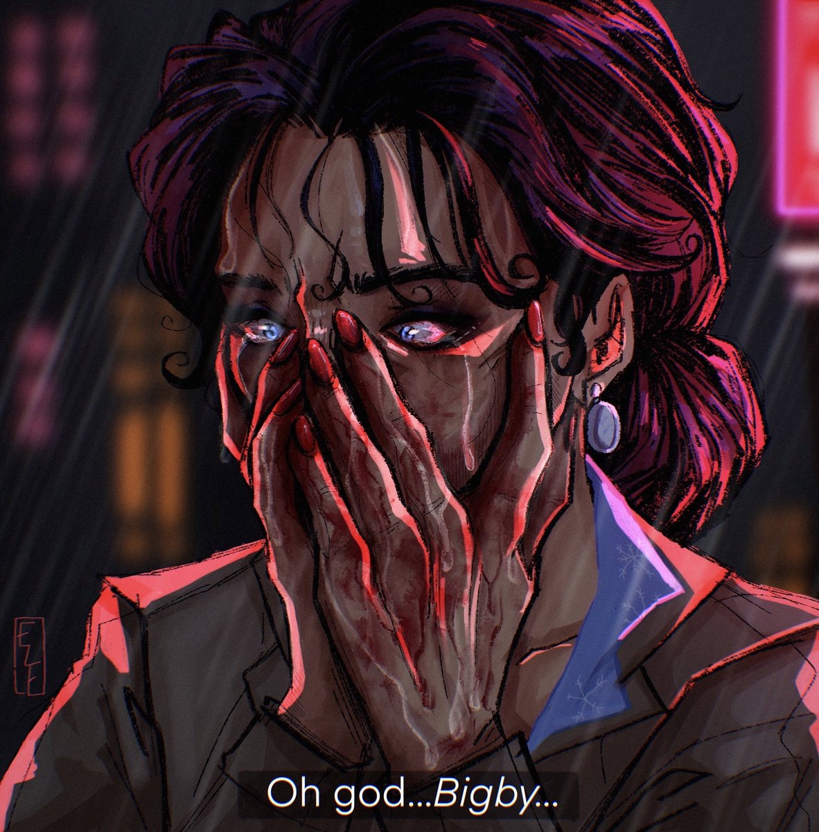 replaying twau got me wanting to draw something from the alley scene, this and the sketch is up on my insta, but here you can see her smudged makeup and the blood in all its glory
#thewolfamongus #twau