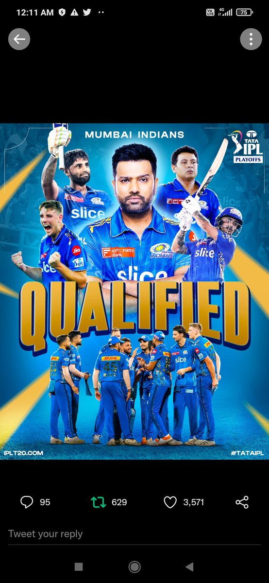 DeoreShailesh's tweet photo. The 𝗠𝗨𝗠𝗕𝗔𝗜 𝗜𝗡𝗗𝗜𝗔𝗡𝗦 have qualified for the #TATAIPL playoffs 🙌

Congratulations https://t.co/CAzru3M7xe
