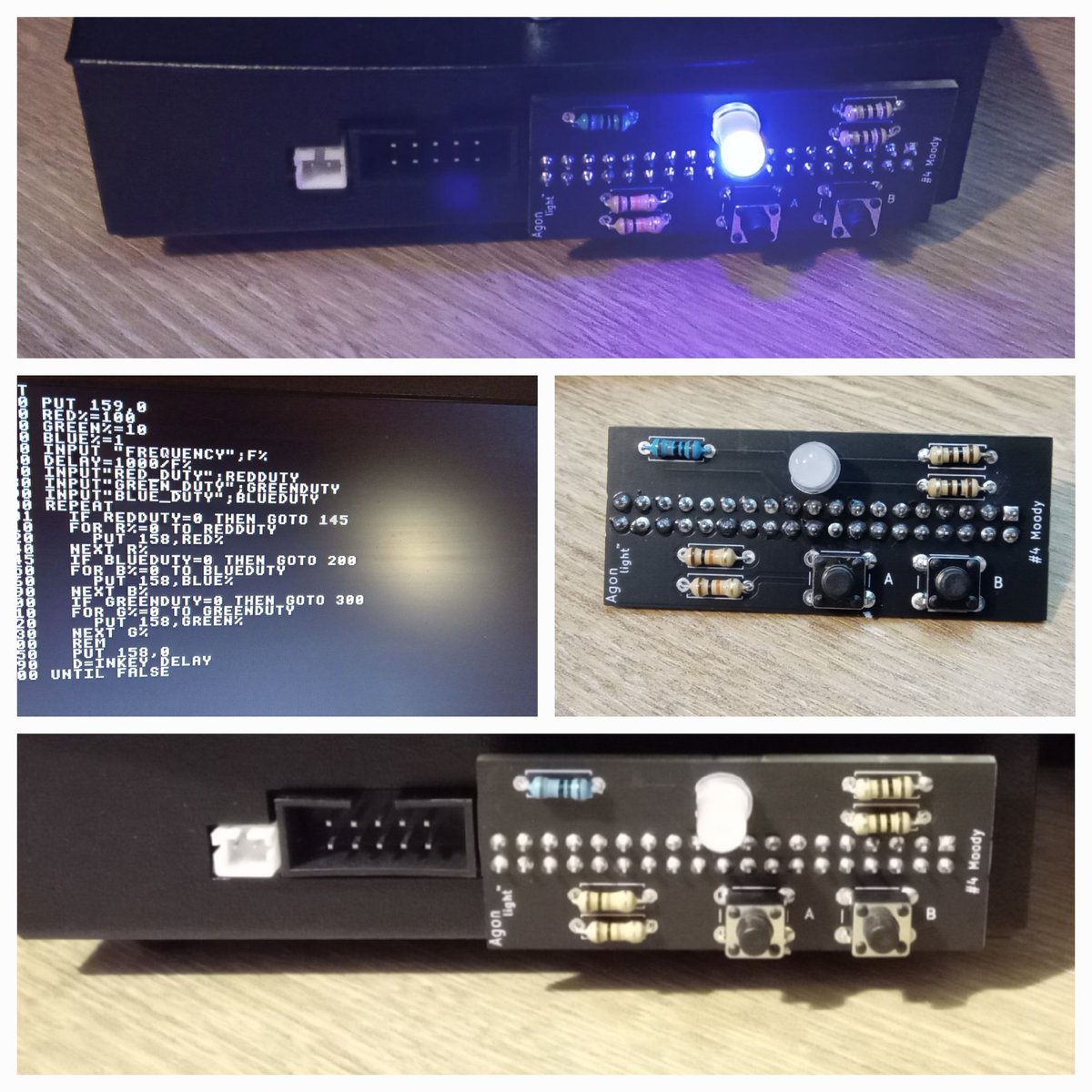 AdamT117's tweet photo. Another #agonlight faceplate PCB. Number 4,The Moody - RGB LED with some input buttons. Just grappling with PWM in BBC BASIC. On the road to ambient "dimming" and colour fading.
#agonlight2 https://t.co/ScJk9szioI