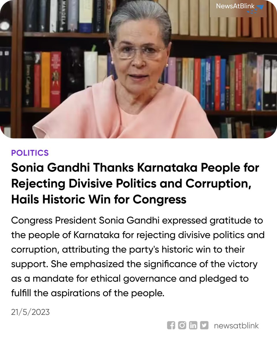 #SoniaGandhi #CongressParty #KarnatakaElections #Gratitude #EthicalGovernance #HistoricWin

To know more about it refer “indiatoday.in/india/story/re…'