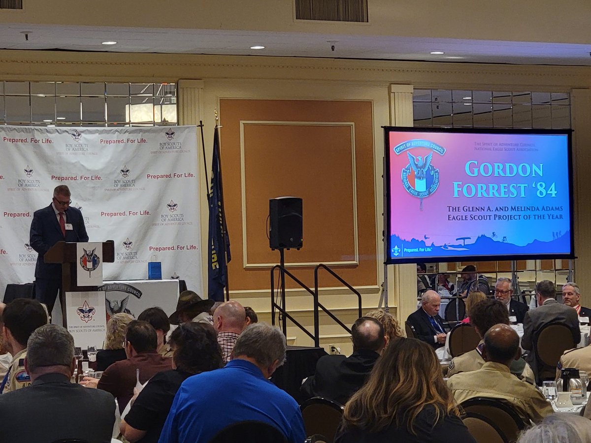 BSA_NEBC's tweet photo. The 2023 Eagle Recognition Dinner is underway. Gordon Forrest is presenting the Adam's Eagle Scout Project of the year award to Aaron Dancewicz #eaglescoutproject #scoutsbsa #SOA https://t.co/w2in57iMOv