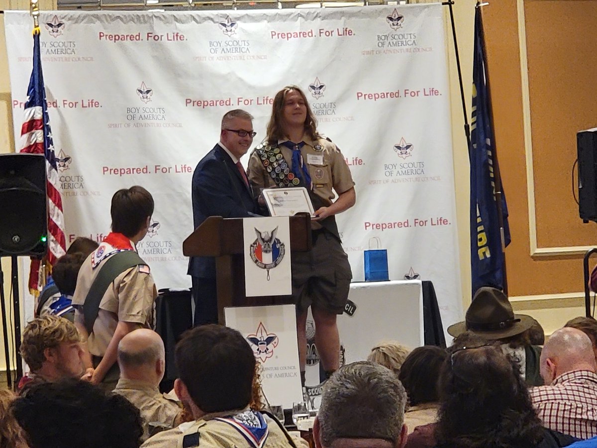 BSA_NEBC's tweet photo. The 2023 Eagle Recognition Dinner is underway. Gordon Forrest is presenting the Adam's Eagle Scout Project of the year award to Aaron Dancewicz #eaglescoutproject #scoutsbsa #SOA https://t.co/w2in57iMOv