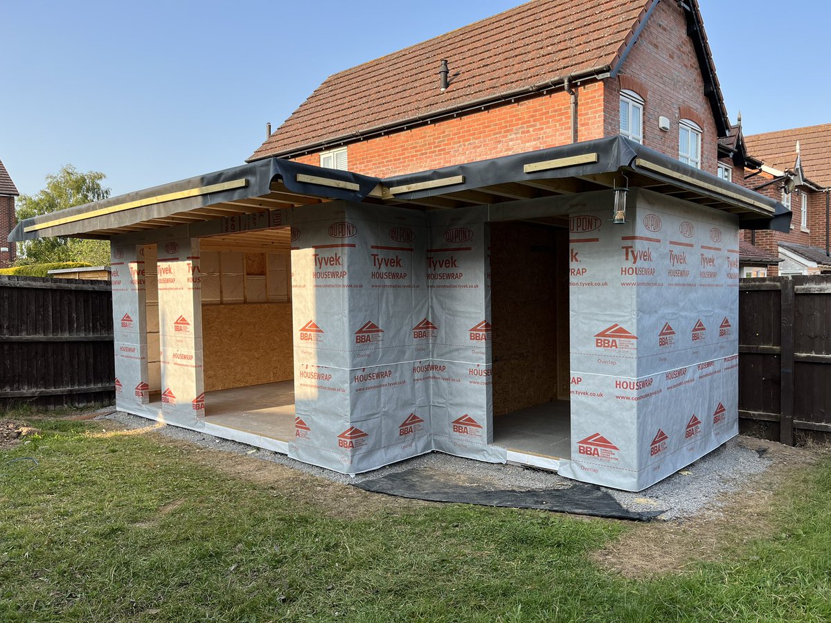 All wrapped up. Started insulating the walls today #gardenroom #projectupdate #housewrap #insulation
