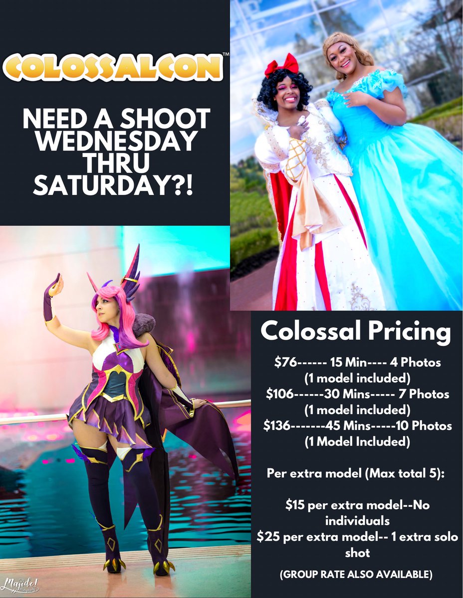 Hey kid- you going to #colossalcon? Need a photographer? @Majidephotos still has open spots Wednesday thru Saturday! Booking and photo examples linked below! #colossalcon2023 #colossalcon23
