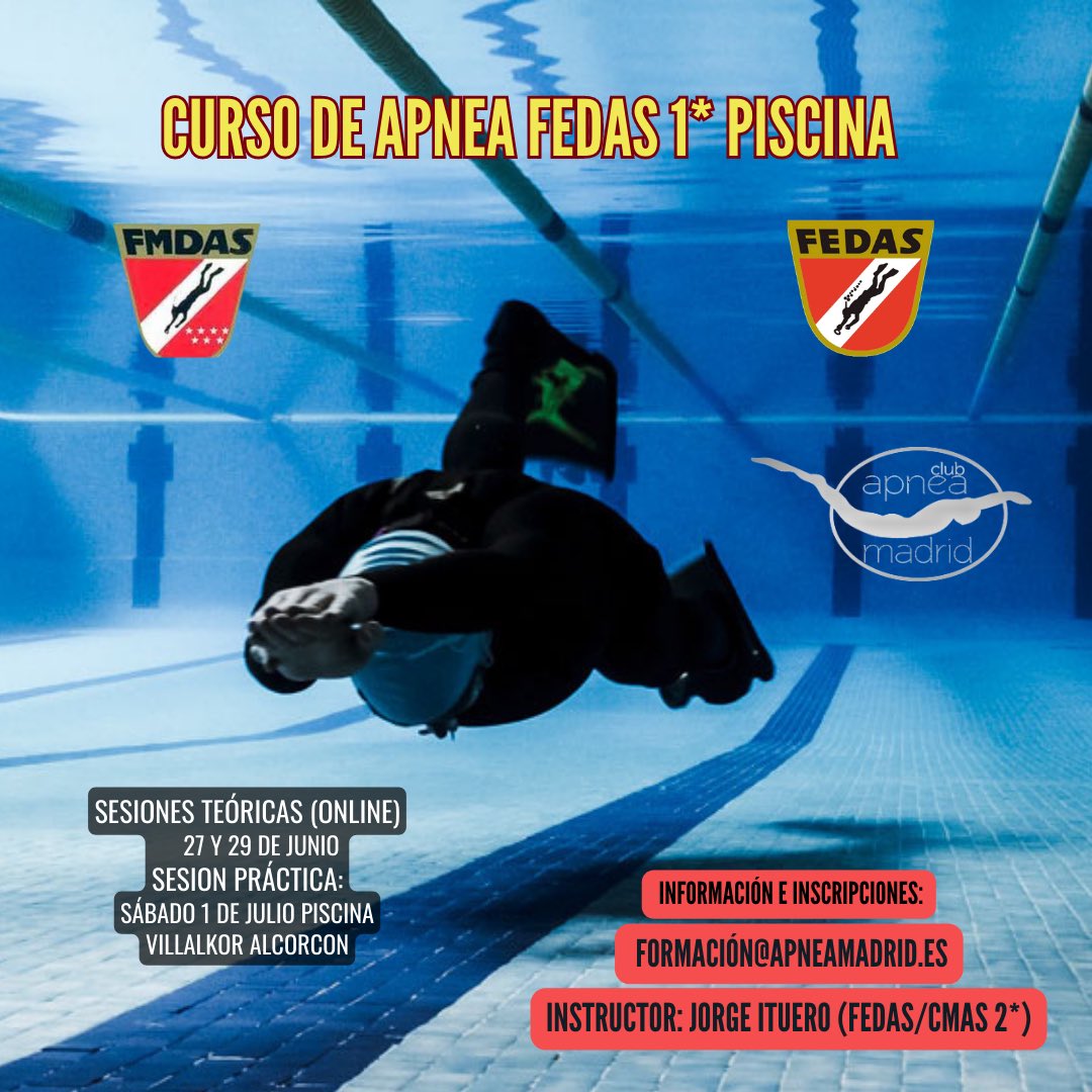 ApneaMadrid's tweet photo. CURSO INICIACION APNEA
Empezamos con un nuevo curso de apnea 1* piscina con sesiones teóricas el 27 y 29  de Junio y presencial el día 1 de Julio en la piscina del Colegio Villalkor (Alcorcón).
Link info e inscripciones en https://t.co/CmF2xfFPYY 
Os esperamos!!💪🏾💪🏾 https://t.co/grGtAwvrdf