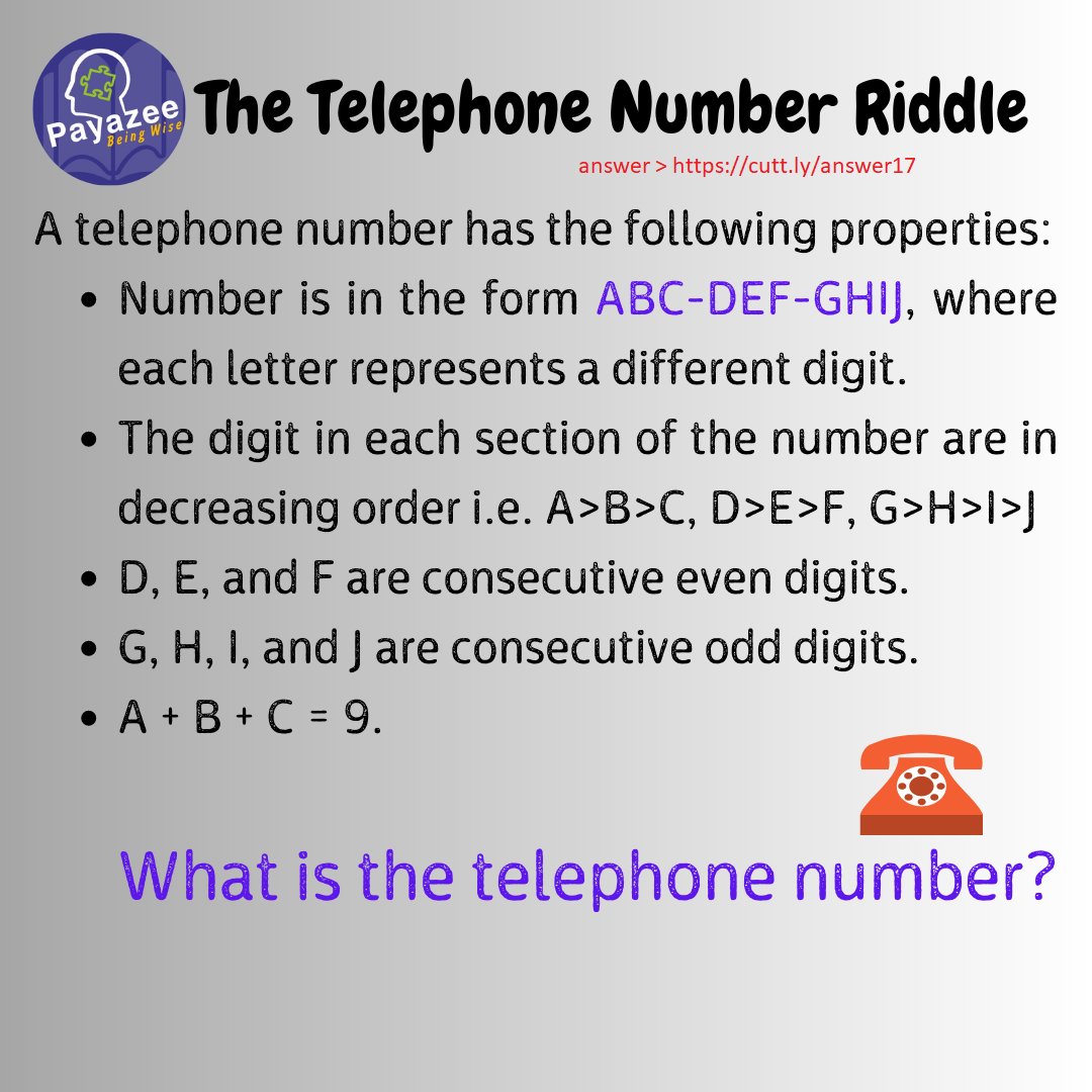 Answer -> youtu.be/KVQLd9BV9oI
The telephone number puzzle
#CrackTheCode #crackthecodepuzzle #missingnumberpuzzle #mathpuzzle #mentalmath #problemsolving #brainexercise #calculation #mathskills #mathematicaloperations #numberpuzzle #logicalreasoning #brainteaser #mathchallenge