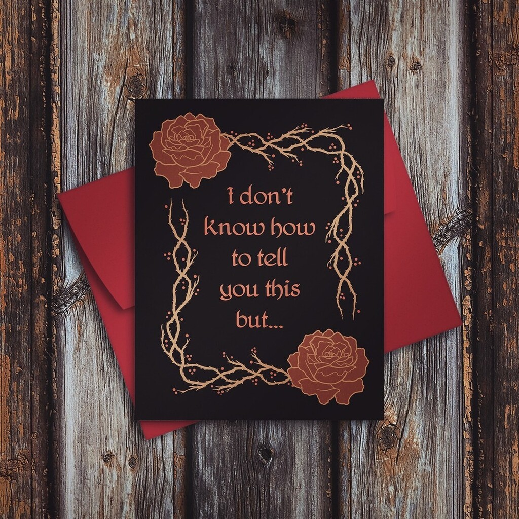 This card may look ominous, but that’s part of the fun! The blank interior lets you decide if it will be harnessed for good or for evil! Featuring a lovely rich red floral illustration framed with thorny vines, the face the recipient makes when they open… instagr.am/p/CshAnJRu1OM/