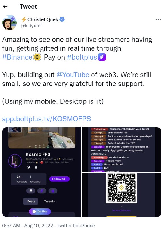 Crypto_Raver's tweet photo. $BOLT ⚡️ Streamers are starting to Join the #BoltPlus & #BOLTX Ecosystem with Live Chat & even Live Tipping Directly on their Bolt+ Web3 Streaming App.
#Binance Pay
Market Cap on this Super Gem is only at around 3.5 Million Dollars, 300X🚀 to catch up to $THETA 1B MC https://t.co/81jmvn76A8