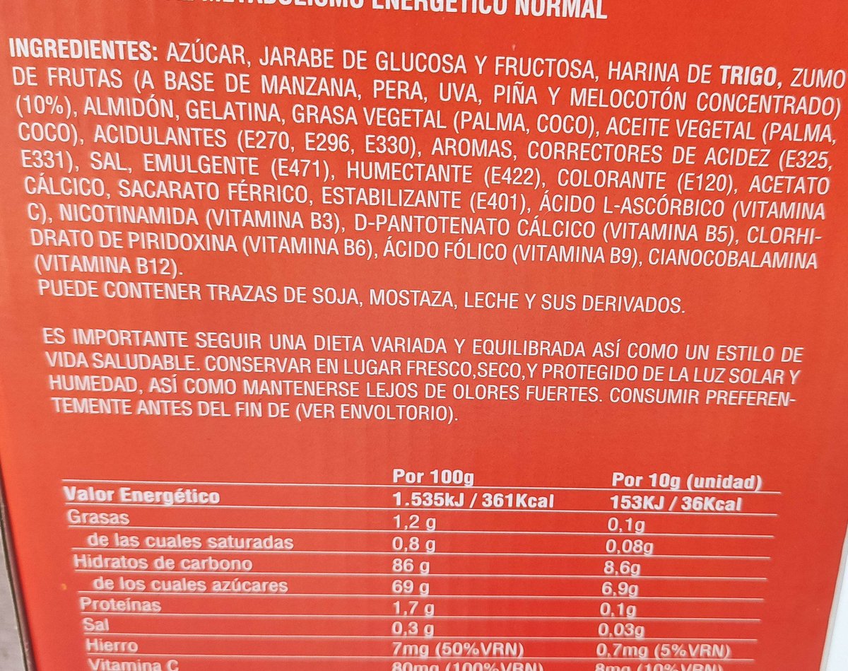 Con el pretexto de las vitaminas, de toma innecesaria si llevan una dieta variada en frutas y verduras, se venden chucherías en la farmacia. Un producto insano, disfrazado de sano, con un 69% de azúcar. 
De reclamo continuo por niños/as.
Hemos pasado de bazares a kioskos.