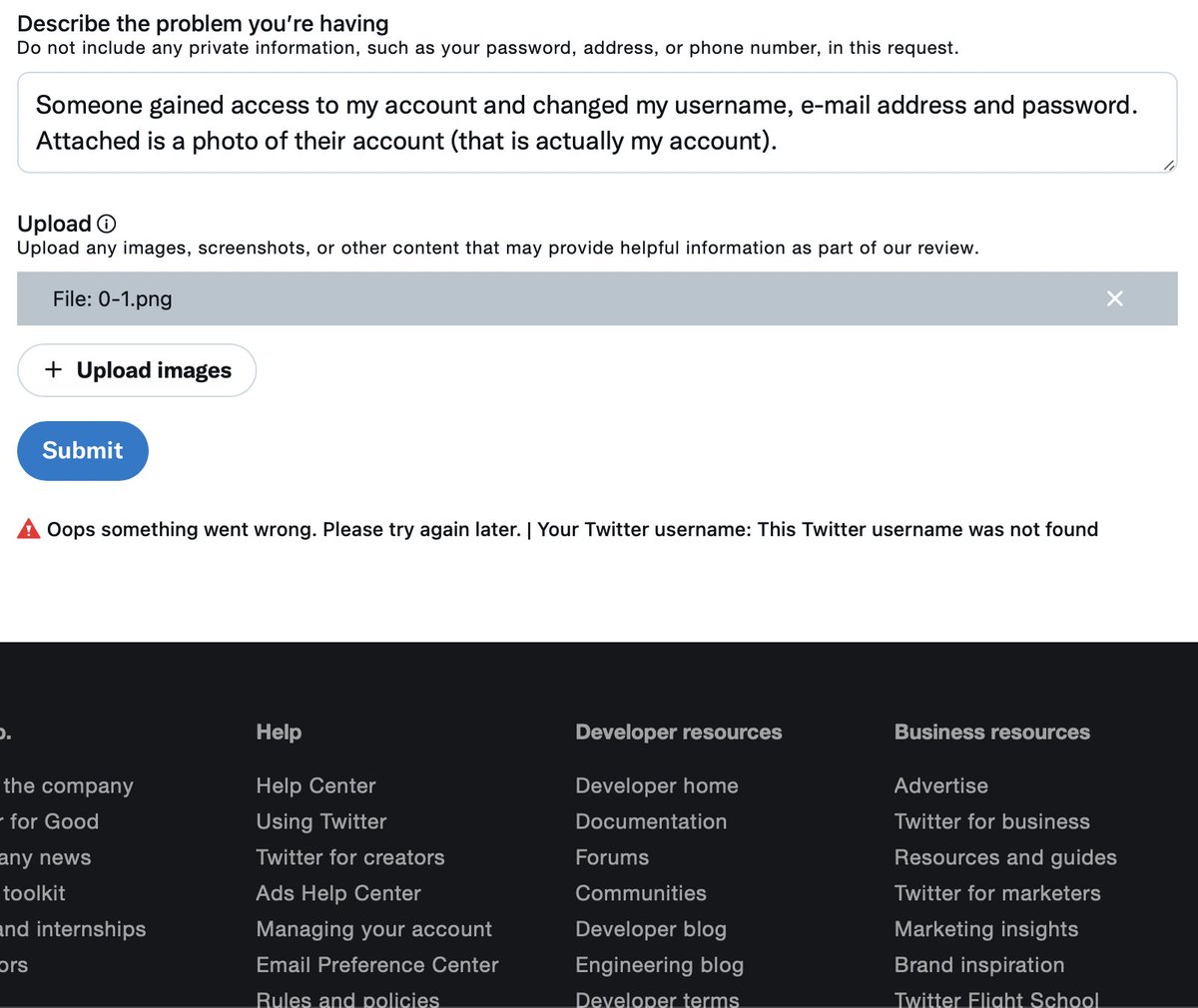 kidcandrive's tweet photo. @TwitterSupport @Twitter, someone got into my main Twitter account @emilycarmichael and changed the e-mail address and username so I can no longer access it. I tried to fill out a support request form... but the form won't go through because again, they changed my username! https://t.co/8EgwSAc9nC