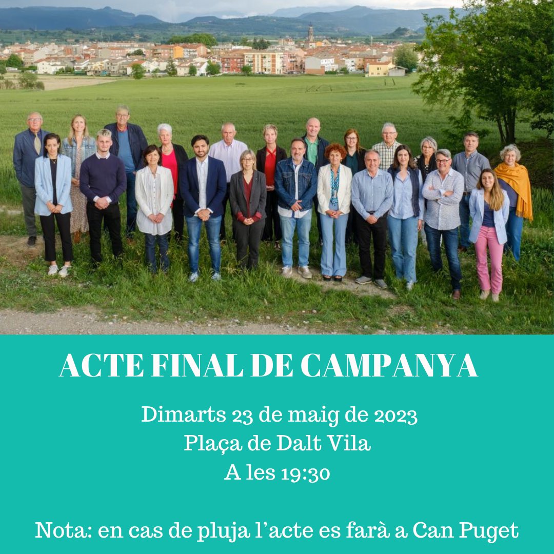 JuntsxManlleu's tweet photo. Us convidem a l’acte final de campanya. Ens trobem a la plaça de Dalt Vila, el dimarts 23 de maig a les 19:30.
Us hi esperem!! https://t.co/Y8ePM95p3d