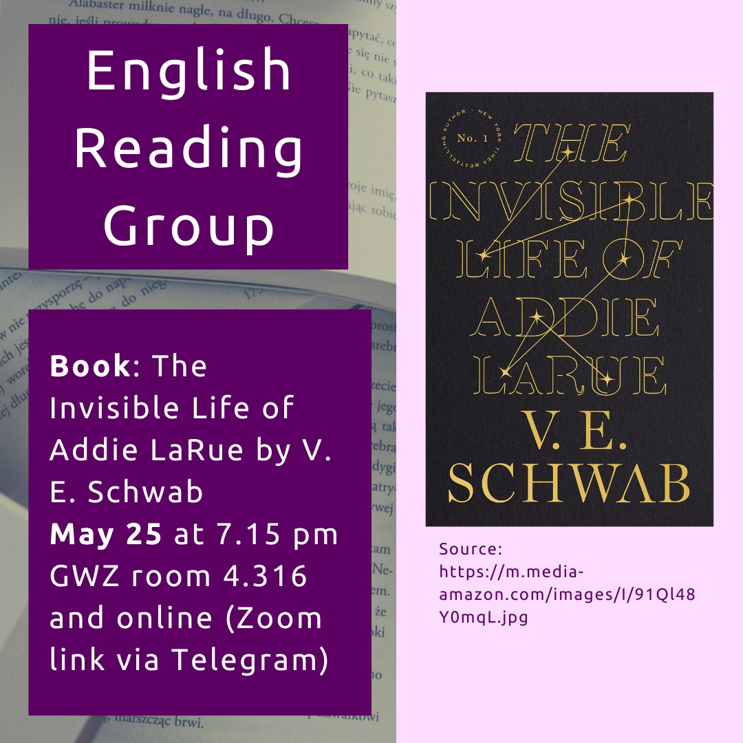 ReadingGroupLpz's tweet photo. Hi fellow book lovers! 🥰📚 

Wanna talk about "The Invisible Life of Addie LaRue" by V. E. Schwab? Then join us on Thursday for our meeting 😄 May 25 at 7.15 pm at the GWZ room 4.316 and online (link via Telegram shortly before the meeting) 

Looking forward to seeing y'all! 😊 https://t.co/LQ3CiVbpqz