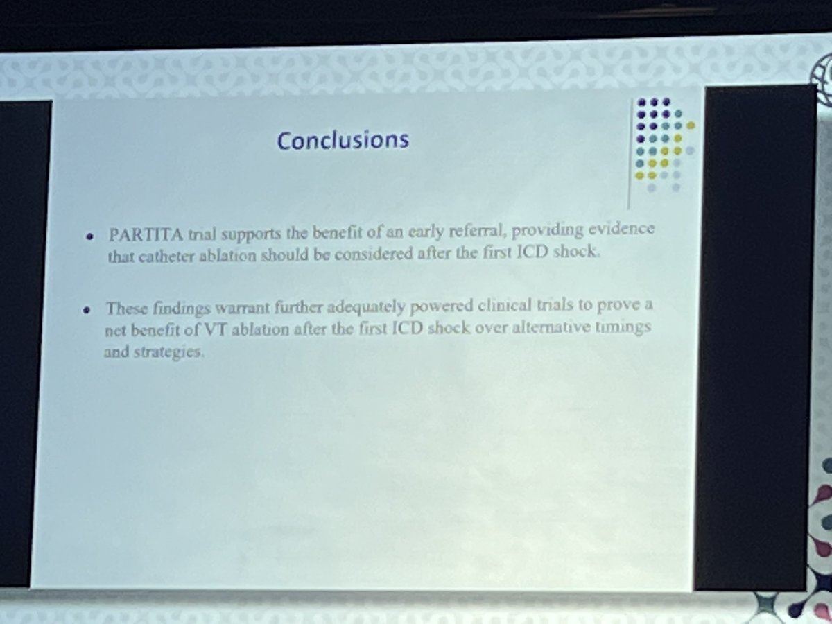 Amazing results PARTITA: early VT ablation post ICD shock makes a case for early VT ablation. 
This study is discordant from prior because they selected pts w VT burden w ICD shocks. Not prophylactic ablation 
Successfully delivered ATP increases shock by 4%
@HRSonline #HRS2023