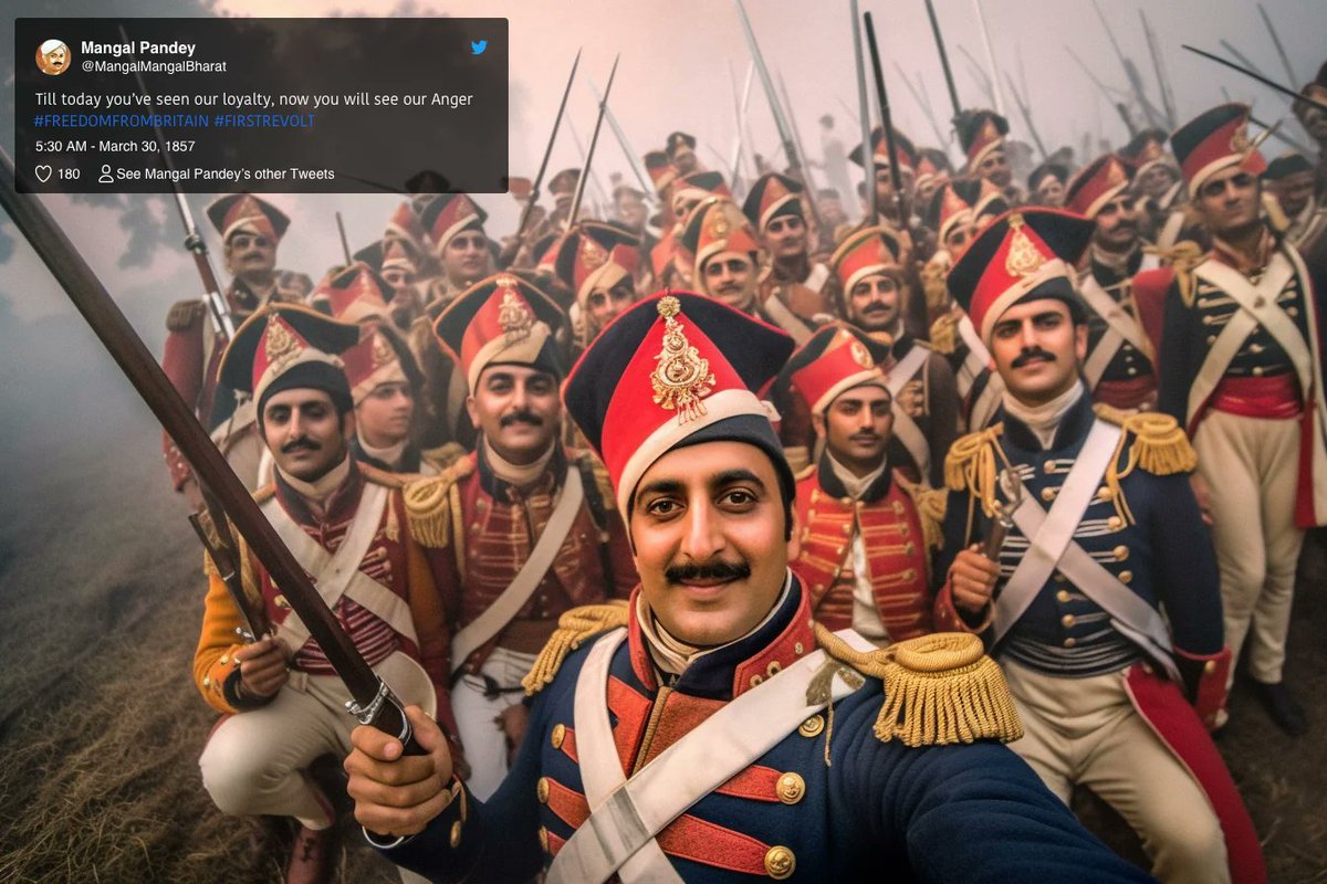 himanshurb's tweet photo. India's national heroes fighting for their country across centuries, expressed via group selfies. Created using AI tools. #indianhistory #Indian #ShivajiMaharaj #MaharanaPratap #mangalpandey https://t.co/5WnQhQ9NcQ
