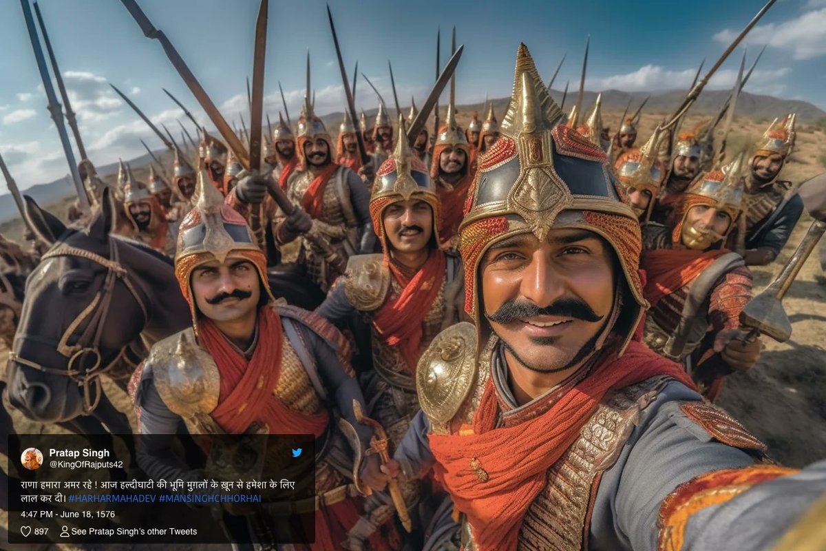 himanshurb's tweet photo. India's national heroes fighting for their country across centuries, expressed via group selfies. Created using AI tools. #indianhistory #Indian #ShivajiMaharaj #MaharanaPratap #mangalpandey https://t.co/5WnQhQ9NcQ