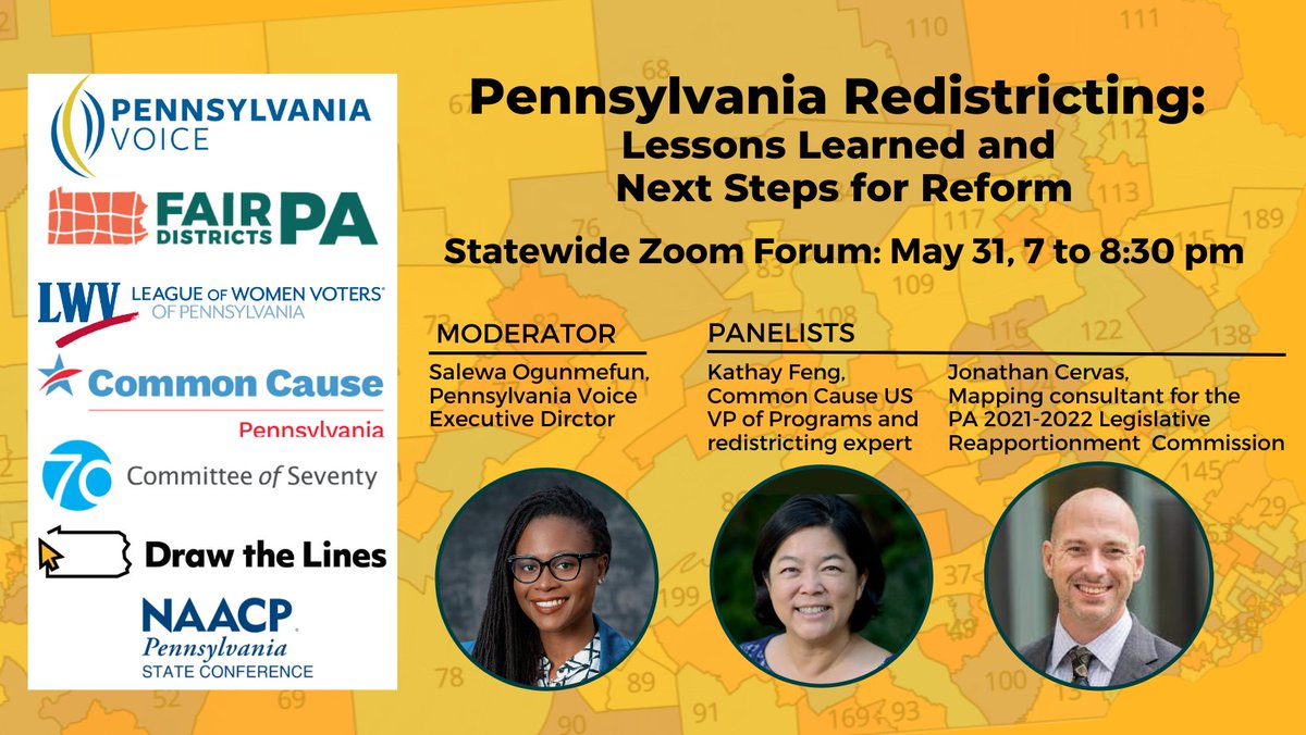 PA #Redistricting: Lessons Learned &amp; Next Steps for Reform. 
Hear from <a href="/kathayccc/">Kathay Feng</a> &amp; @CERVASJ 
May 31, 7 to 8:30 pm on Zoom,
w <a href="/Penn_Voice/">Pennsylvania Voice</a> <a href="/LWVPA/">League of Women Voters of Pennsylvania</a> <a href="/commoncausepa/">Common Cause Pennsylvania</a> <a href="/Committeeof70/">Committee of Seventy</a> <a href="/DrawTheLinesPA/">Draw the Lines PA</a> <a href="/pastatenaacp/">NAACP Pennsylvania</a> 
Bring your questions!
actionnetwork.org/events/pennsyl…
