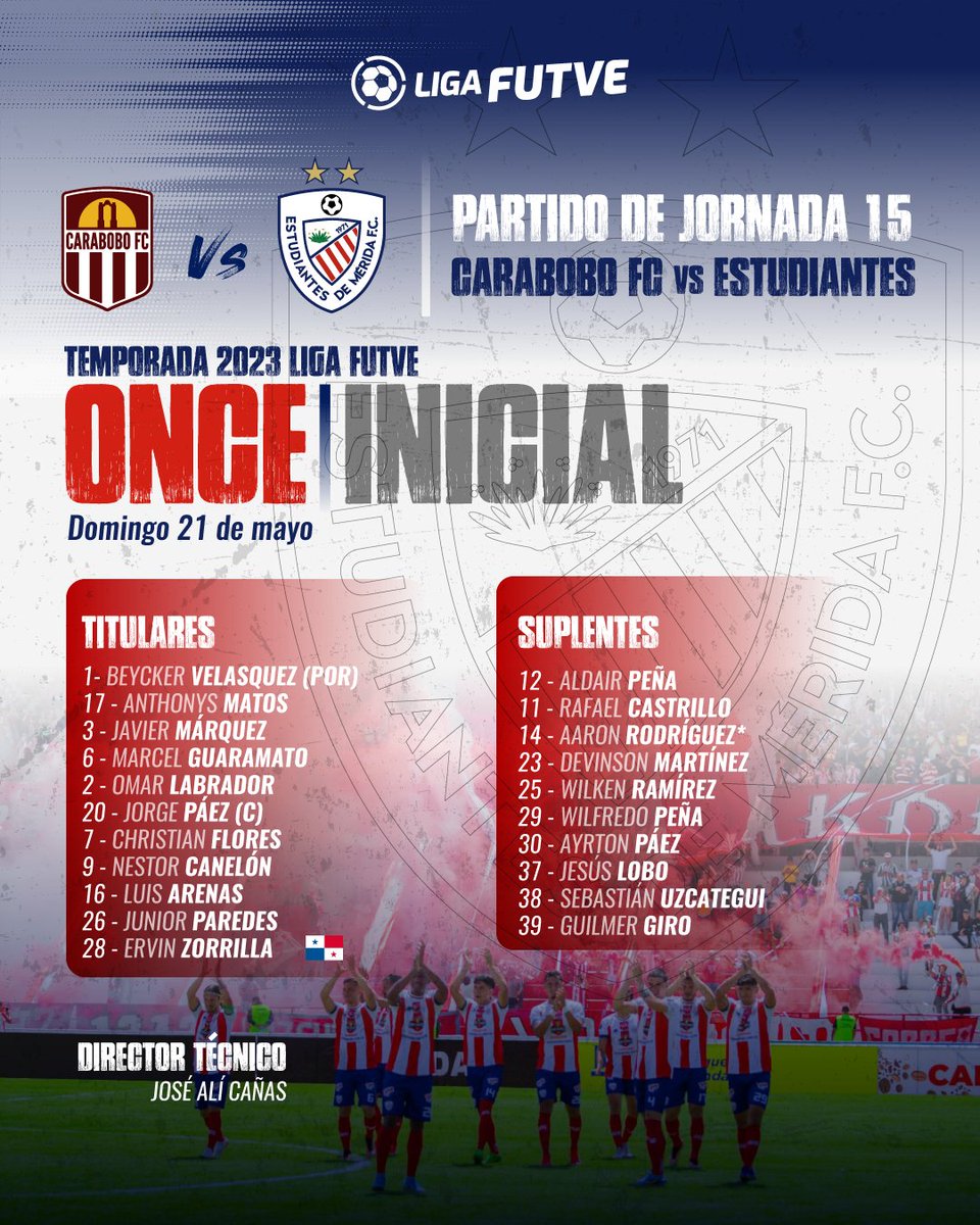 EstudiantesMEFC's tweet photo. Este es nuestro XI inicial para enfrentar a @Carabobo_FC en la última jornada de la primera ronda de la @LigaFUTVE 🔝💪⚽

#ElEquipoDelPuebloMerideño 🔴⚪️
#VenezuelaEsFUTVE https://t.co/d9q7CILdpx