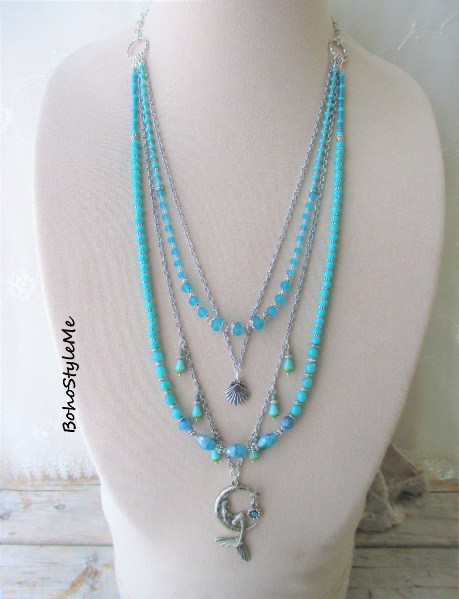 Aqua Mermaid, Boho Style Me Pendant Necklace, BohoStyleMe, Handmade Beaded Layering Necklace, Modern Hippie Chic Jewelry