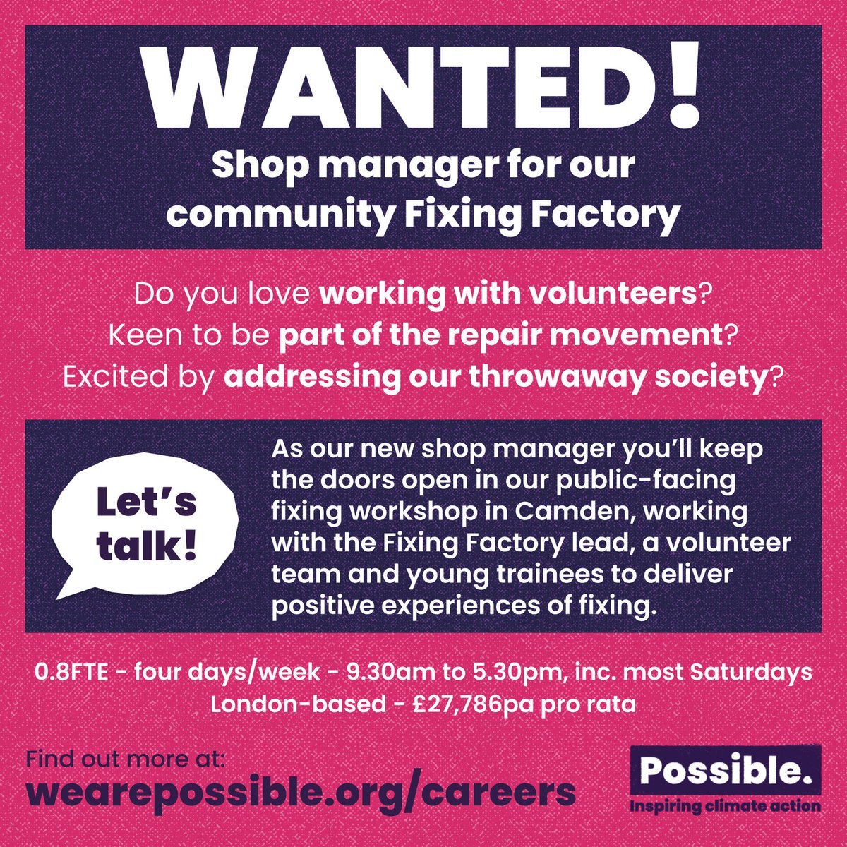 We are incredibly excited to be hiring a (work)shop manager for our Fixing Factory in #QueensCrescent

Could it be you?

Working with the community and a great volunteer team you'd run our flagship and help it thrive!

Full details at: wearepossible.org/careers
#NW5 #KentishTown