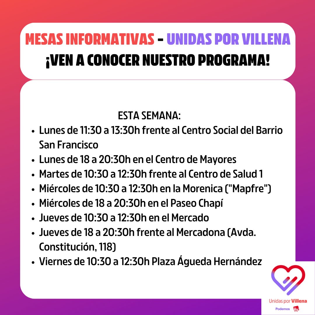 📄Estas son las mesas informativas que pondremos esta semana, a las que te puedes acercar para que te contemos nuestras propuestas y a las personas que conformamos este gran equipo. 📍Mañana en el Centro Social del Barrio San Francisco y en el Centro de Mayores.