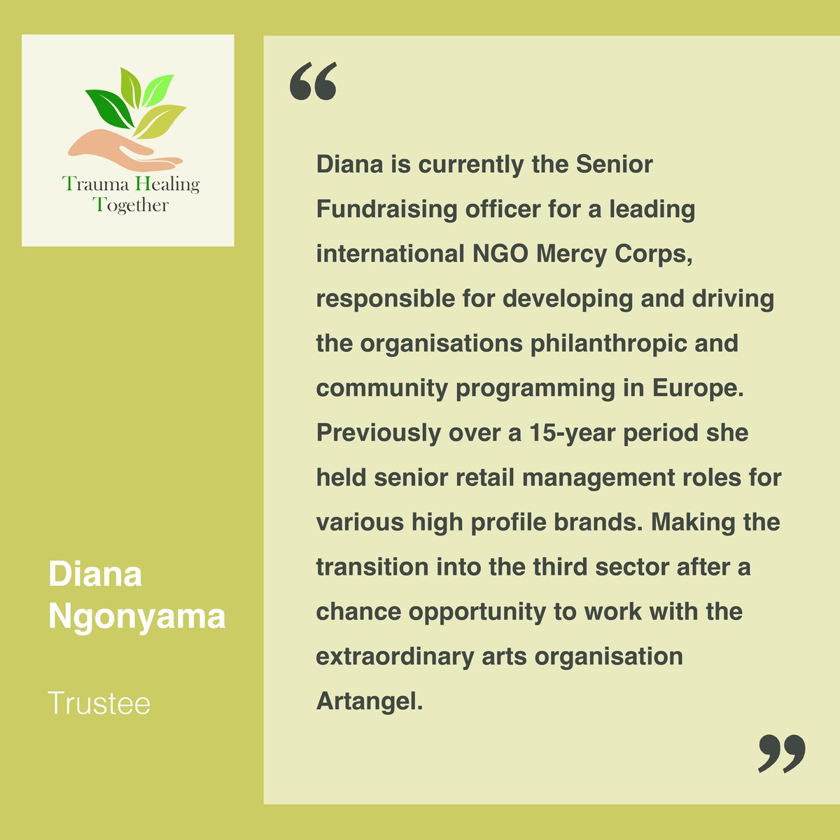 🙌 Meet the team! 🙌

Today, the last day of Mental Health Awareness Week, we are so thrilled to introduce our trustee Diana Ngonyama to you!

#traumahealing #traumarecovery #charity #psychology #trauma #healing #healingtrauma #positivevibes #charityorganization #mentalhealth