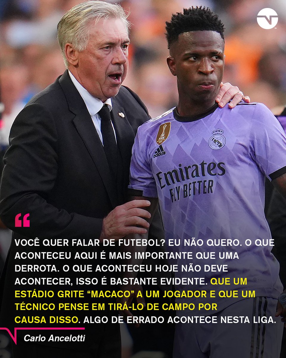TNTSportsBR's tweet photo. TRISTE E INACREDITÁVEL o que aconteceu hoje com Vini Jr. no Mestalla! Carlo Ancelotti foi perfeito na entrevista coletiva após o jogo! Estamos TODOS contigo, Vini! ❤️ E fogo nos racistas! 🔥 #LaLiga https://t.co/nFflbJvqXR