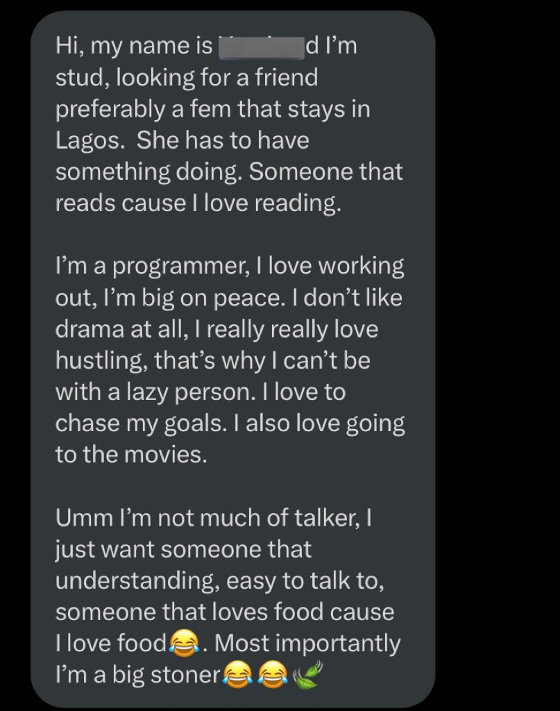 Location - Lagos 

If you like stud women and you meet her specs, send me a DM