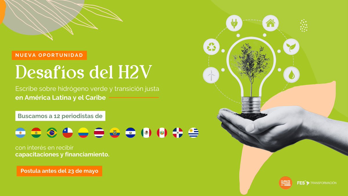fes_argentina's tweet image. ✍️#Convocatoria
⏰¡ÚLTIMOS DÍAS!

FES Transformación @fes_tse y @ClimateTracking, lanzan un programa de mentorías dirigido a 12 periodistas, para construir y publicar narrativas sobre hidrógeno verde y #TransiciónJusta en la región.
  
¡Postulate! 
+info👇
climatetrackerlatam.org/oportunidades/…