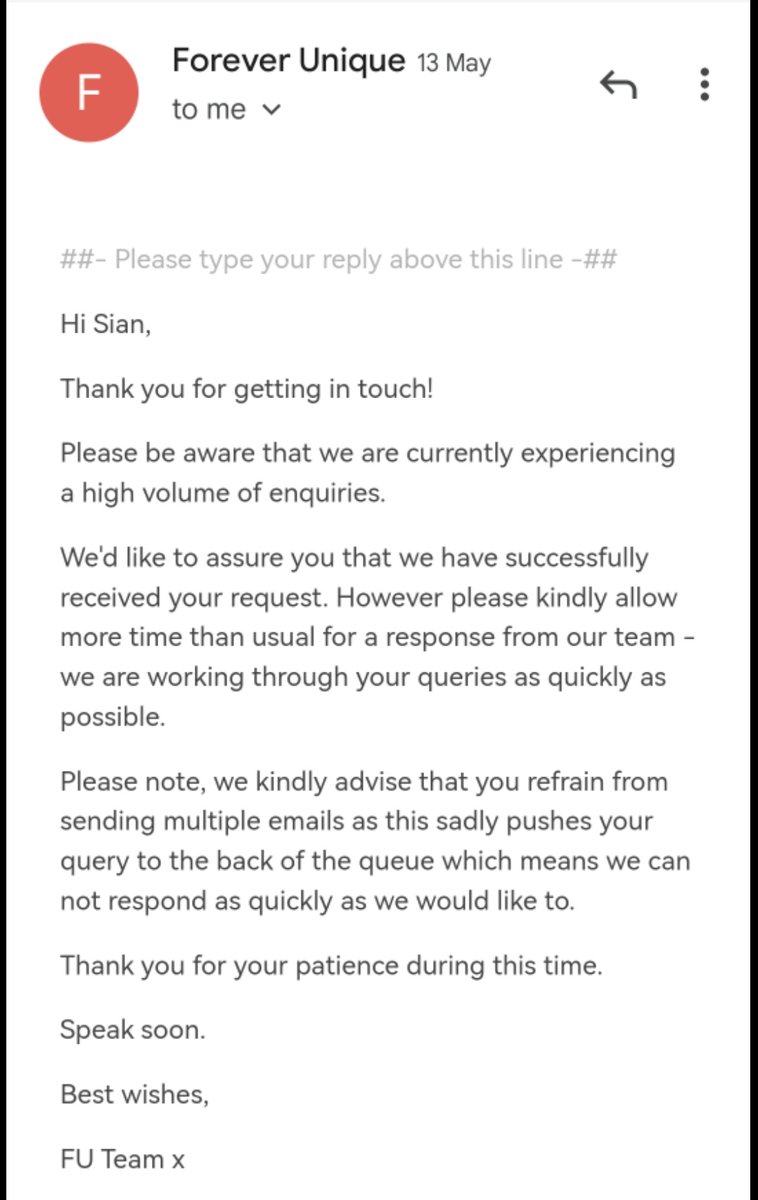 Jared_Baker80's tweet photo. @_ForeverUnique you are a disgraceful business, my partner brought some items on the 21st &amp; 30th March, the items were returned within the correct time frame, however you haven't refunded her, see email below

Tell you wives &amp; girlfriends to AVOID THIS COMPANY.

Please RT 🙏 https://t.co/QxQ2reNJxl