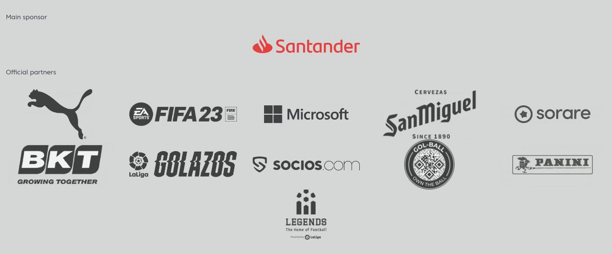 SportByFort's tweet image. These are @LaLiga partners. 
I am surprised these brands are involved with a sporting organization that tolerates racism. 
@PUMA @EASPORTSFIFA @Microsoft @bancosantander @Sorare @socios @PaniniAmerica @LaLigaGolazos @SanMiguel_UK