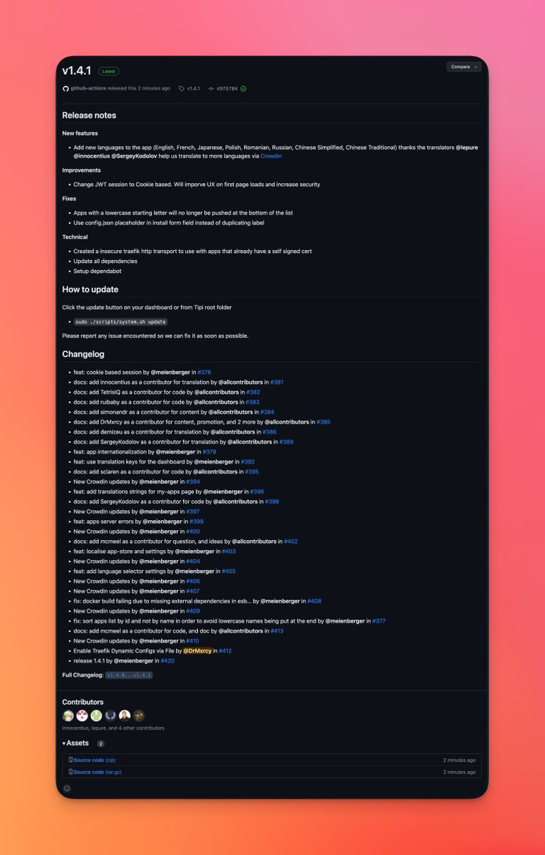 A host of new App have been added and updated! On top of that, a new RunTipi updated dropped! Check out all the change logs for v1.4.1 over on the Github!

github.com/meienberger/ru…