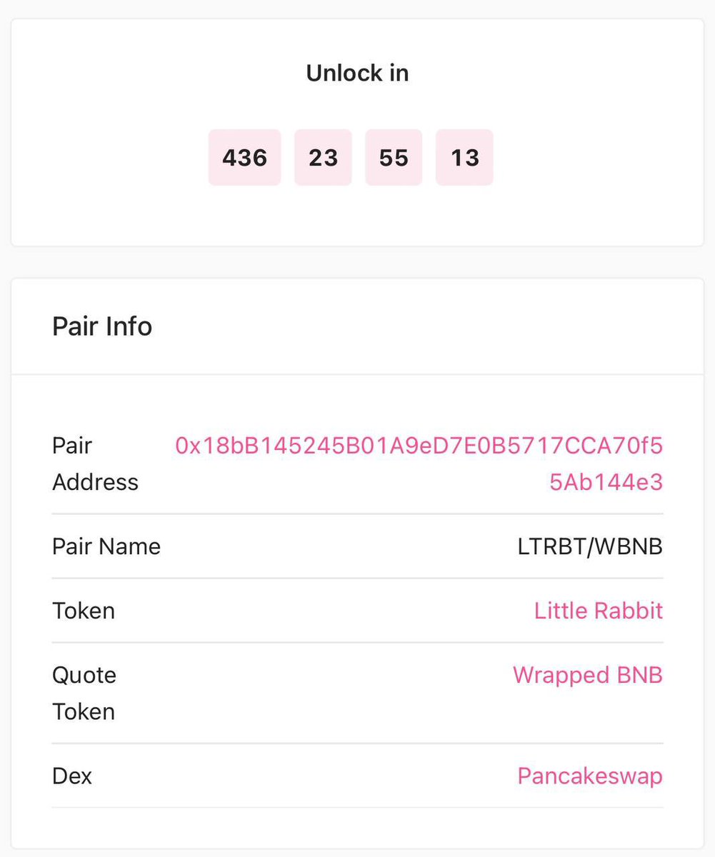 Hello #littlerabbitfam.

We have extended our Liquidity Lock of $LTRBT Liquidity on Pinksale by 436 days.

You can view the Liquidity Lock here : pinksale.finance/pinklock/recor…