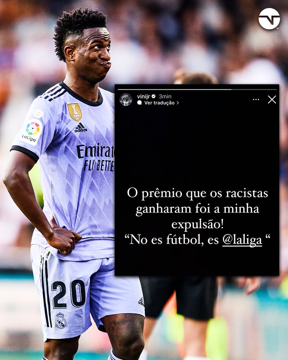 TNTSportsBR's tweet photo. "NÃO É FUTEBOL, É LA LIGA!" 😡 @vinijr fez essa publicação nos stories depois da partida contra o Valencia. Estamos com você, craque! 🇧🇷✊🏿 #LaLiga https://t.co/IE9SzKNwFq