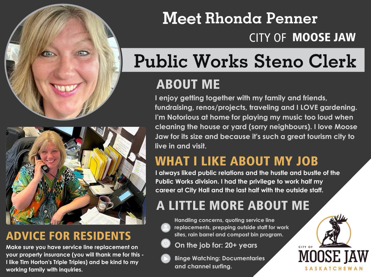 It's #PublicWorksWeek and we're celebrating City of Moose Jaw employees who keep us all connected. Here's to Rhonda Penner, Public Works Steno Clerk. #CityMJ #NPWW #ConnectingTheWorld @SPWAchapter @APWATWEETS @CPWATWEETS