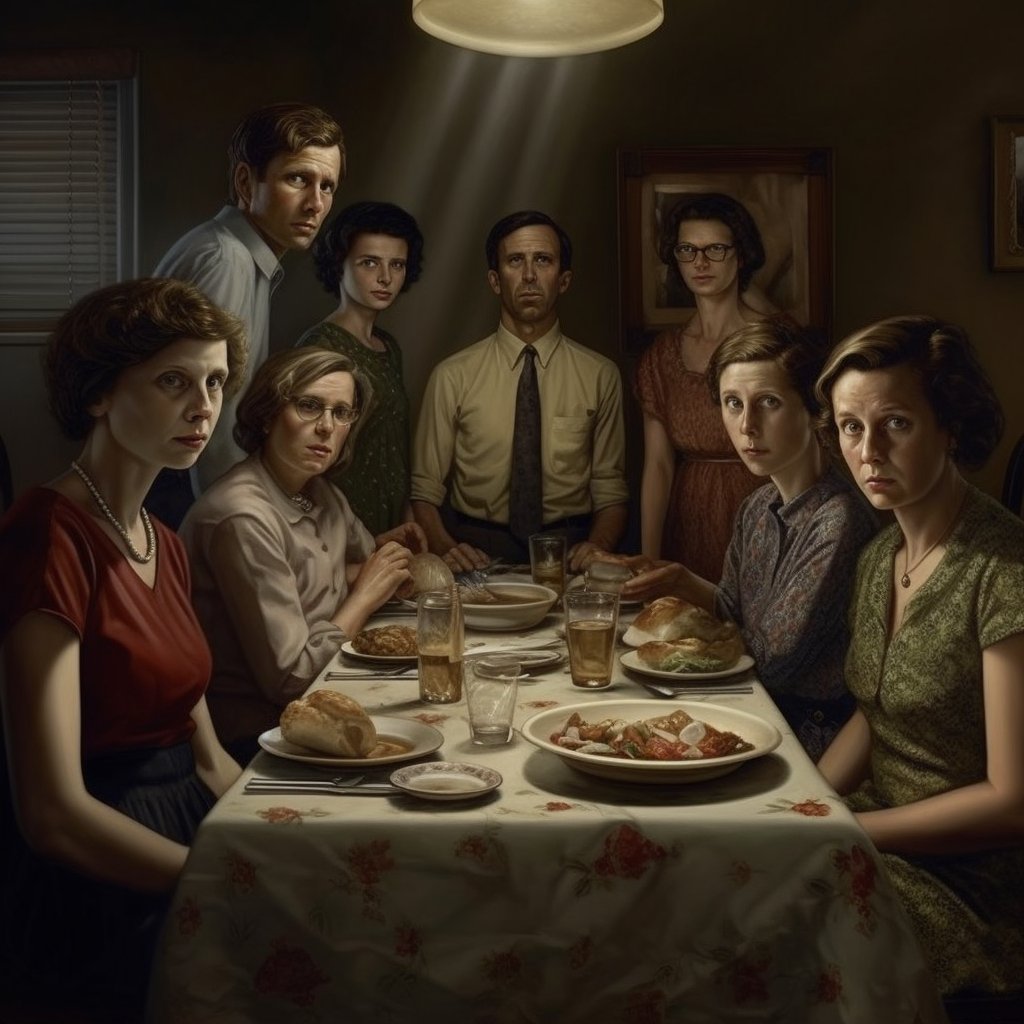 I asked AI to: design a detailed, hyper-realistic image of a family gathering or portrait, capturing a seemingly ordinary moment. However, subtly reveal one family member as a sinister character in disguise, their true nature is hinted at through subtle details.

So...