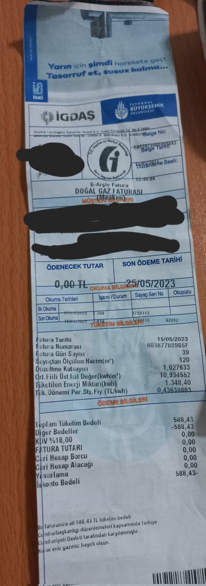 Su Faturası 465 Tl, Doğalgaz Faturası 0 Tl... Elektrik faturamız bile 272 tl. Elektrik, Su Faturasından daha az gelmiş. Şimdi burada kim hırsız oluyor? Milletine Bedava doğalgaz veren mi yoksa, Allah'ın suyuna 465 tl fatura kesen mi?