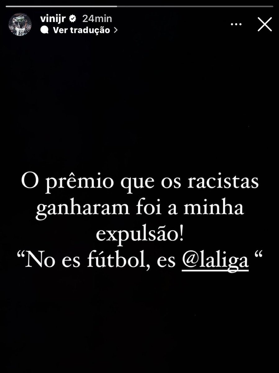 futebol_info's tweet photo. "O prêmio que os racistas ganharam foi a minha expulsão! 'Não é futebol, é LaLiga'."

🎙️ Vini Jr.
📸 Reprodução https://t.co/BI1yXh1nL1