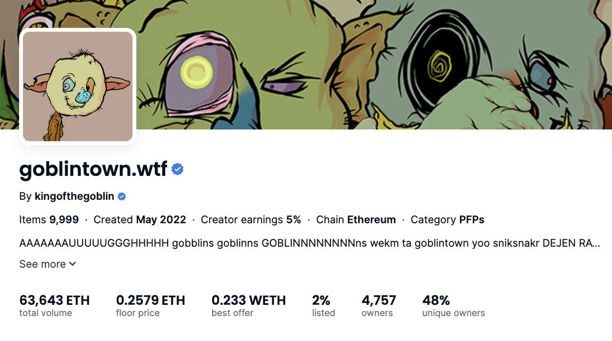 The biggest NFTs of 2022 have had a TOUGH 2023. 

Doodles...
23 ETH 📉 2.3 ETH 

Invisible Friends... 
8 ETH 📉 1.15 ETH

Moonbirds...
32 ETH 📉 2 ETH

Goblintown...
6 ETH 📉 .26 ETH