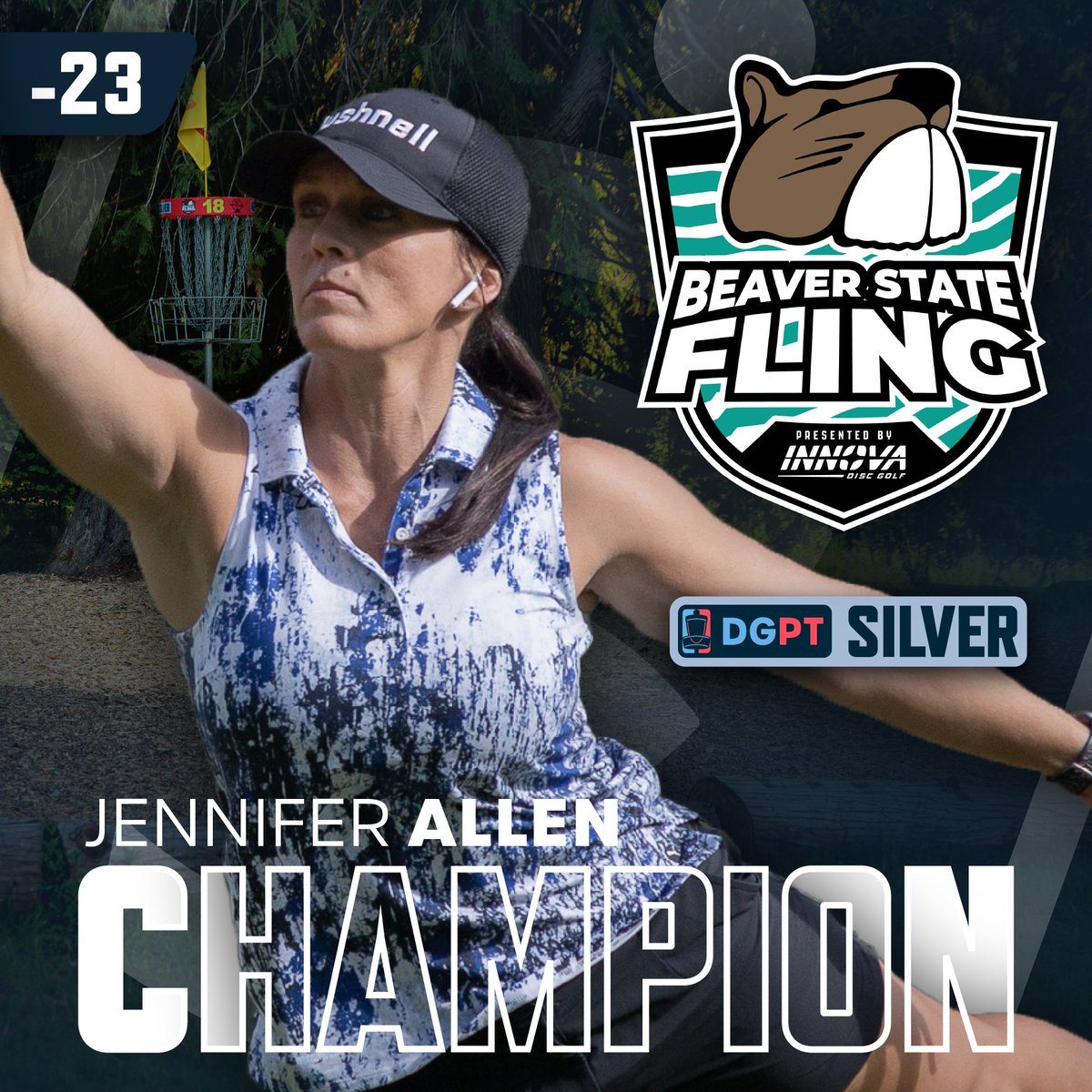 DiscGolfProTour's tweet photo. With her first DGPT event win, Jennifer Allen is your 2023 Beaver State Fling Champion! 🏆 https://t.co/sOMYLmzyUf