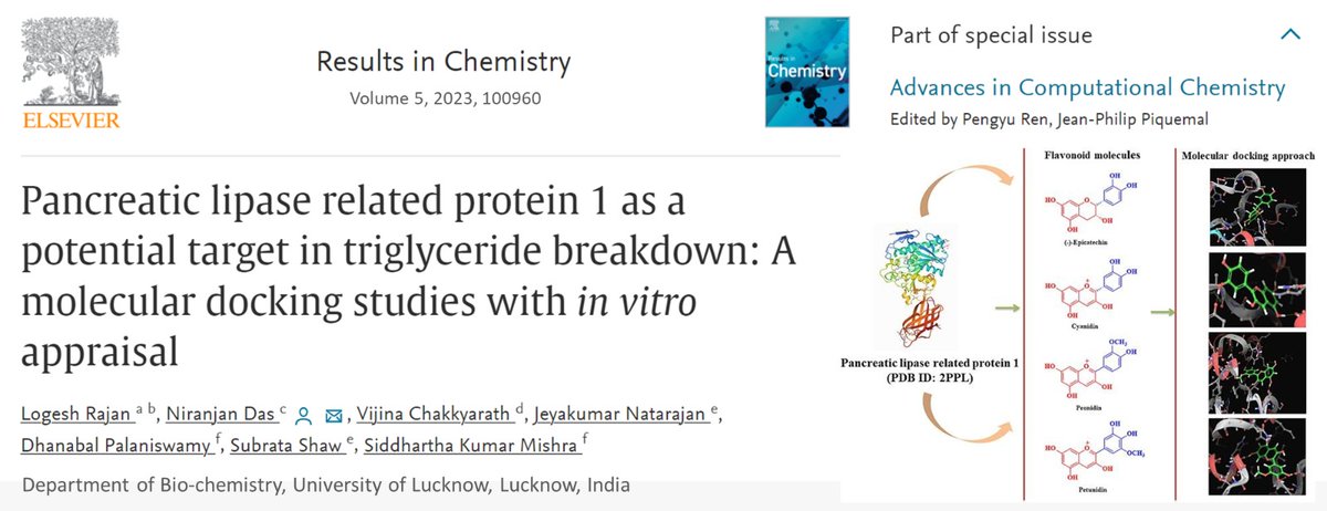 Our paper published in Results in Chemistry.
sciencedirect.com/science/articl… 

Targeted obesity by  altering the absorption of dietary triglycerides by inhibiting the pancreatic lipase related protein 1 (PLRP1) by 50 flavonoids.

@lkouniv @profalokkumar @DeanacademicsL @ElsevierConnect