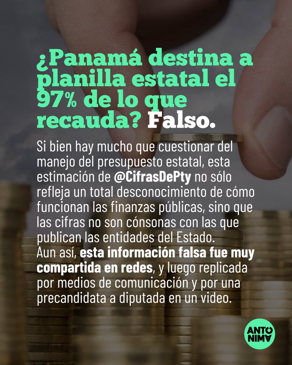 antonima_org's tweet photo. Una publicación de @cifrasdepty afirmó que, de cada dólar de impuestos, 97 centavos van a planilla estatal y 3 van a inversión. De ello se hicieron eco muchas personas, medios y hasta una precandidata del 8-4. ¿Por qué es un análisis incorrecto y por qué es importante aclararlo? https://t.co/zsLQCISLCg