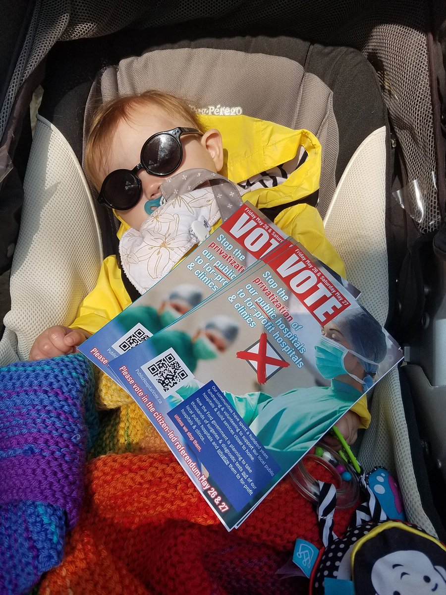 Doing door-to-door leafleting for the Ontario Health Coalition in Kincardine. Baby Emma got all tuckered out!
We need to fight Doug Ford's scheme to privatize health care.

You can vote online @ PublicHospitalVote.ca

#bill60 
@OntarioHealthC
