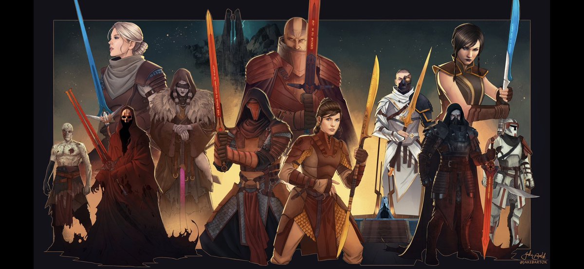 JR_Bartok's tweet image. Knights of the Olde Republic! 

Finished this big piece featuring KOTOR, KOTOR II AND SWTOR! It was fun to work on a bunch of characters I haven’t really drawn before.
