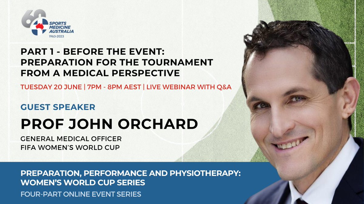 SMA_News's tweet image. Introducing Prof John Orchard, General Medical Officer (FWWC), featuring in Part 1 of our four-part online event series.

John has over 20 years of experience working in various professional football codes. 
Head to the website to learn more about John.
👉 bit.ly/3MK8N7W